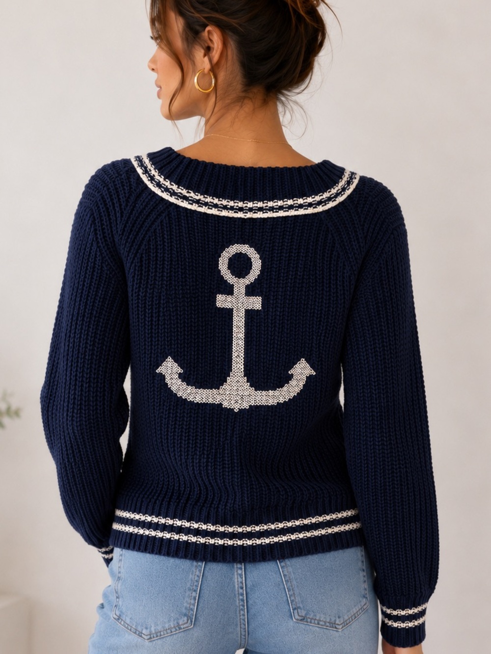 129,NEE Navy Anchor Knit Sweater - Nautical V-Neck %100 cotton oversized